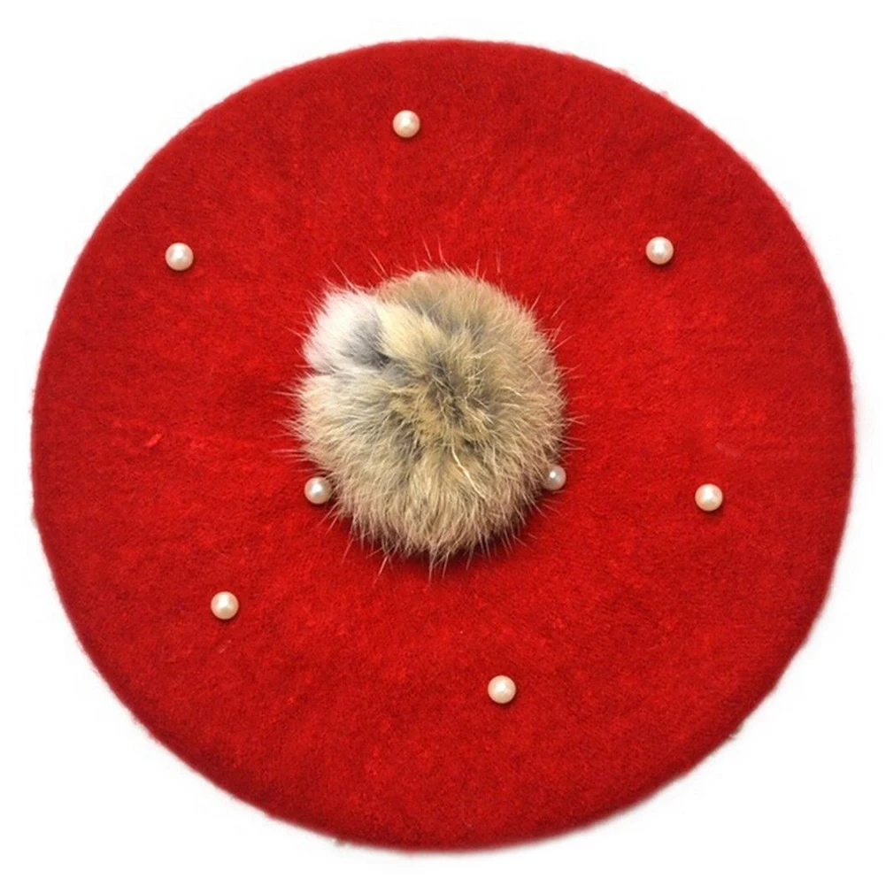 

LICG Hot Fashion Warm Kids Children Cashmere Pearl Beanie Hat Beret Cap red