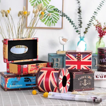 

New High Quality Creative Vintage Leather Tissue Box European Style Simple Living Room Wooden Cylinder Suction Carton