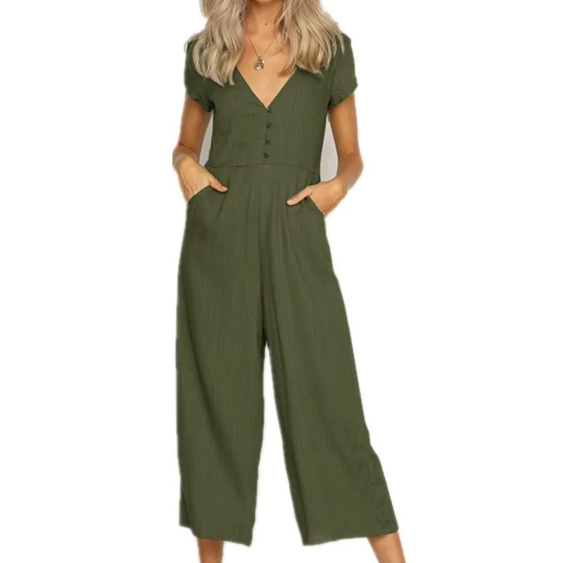 

Hirigin Fashion Women Deep V Neck Short Sleeve Button Down Jumpsuit Wide Leg Long Pants Summer Romper Trousers with Pocket