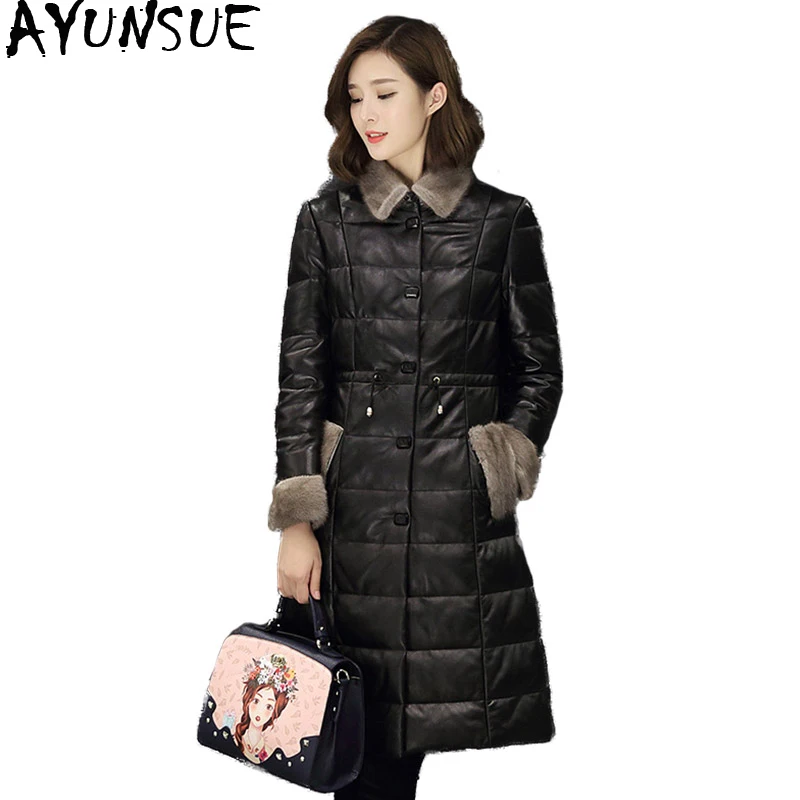

AYUNSUE Women's Genuine Leather Jacket Autumn Winter Sheepskin Coat Long Down Jacket Mink Fur Collar Jackets Veste En Cuir KJ775