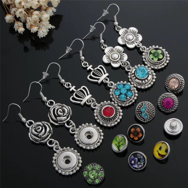 

Flowers Crown Metal 12mm Snap Buttons Earrings Jewelry With Glass Rhinestone Snap Buttons 12prs/lot Mix Styles
