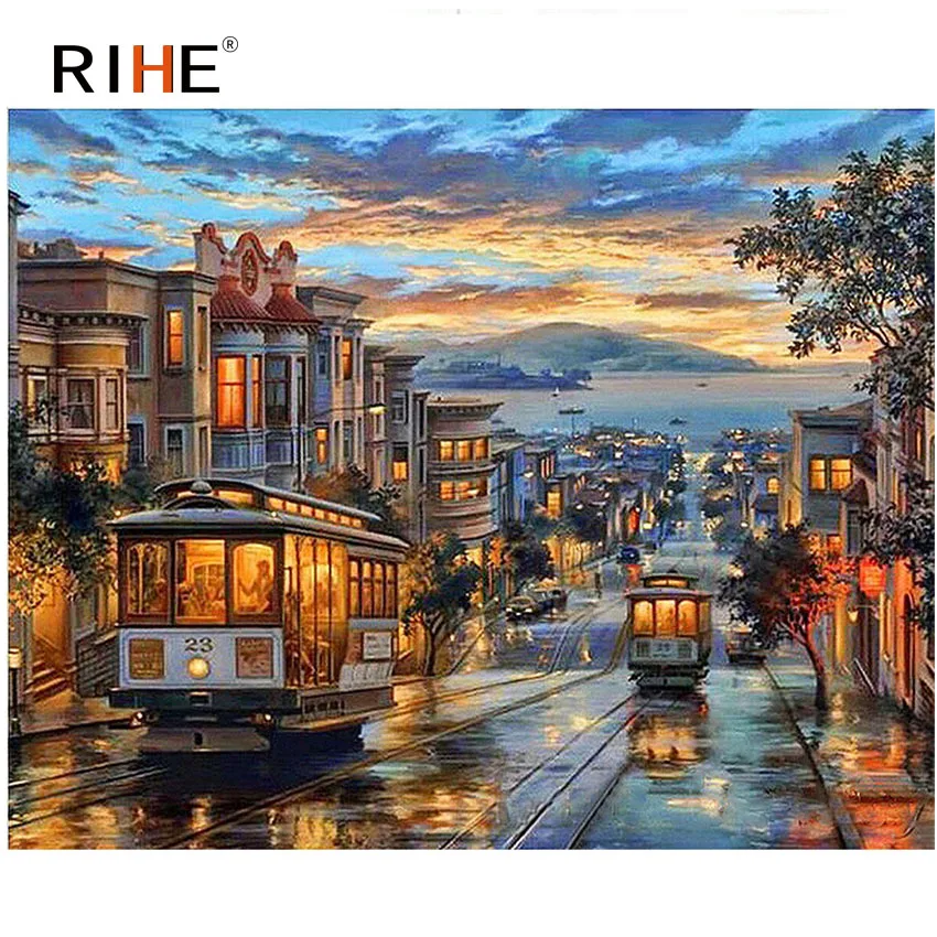 

RIHE City Track Car Diy Painting By Numbers Abstract Dusk Bus Oil Painting On Canvas Cuadros Decoracion Acrylic Wall Art Picture