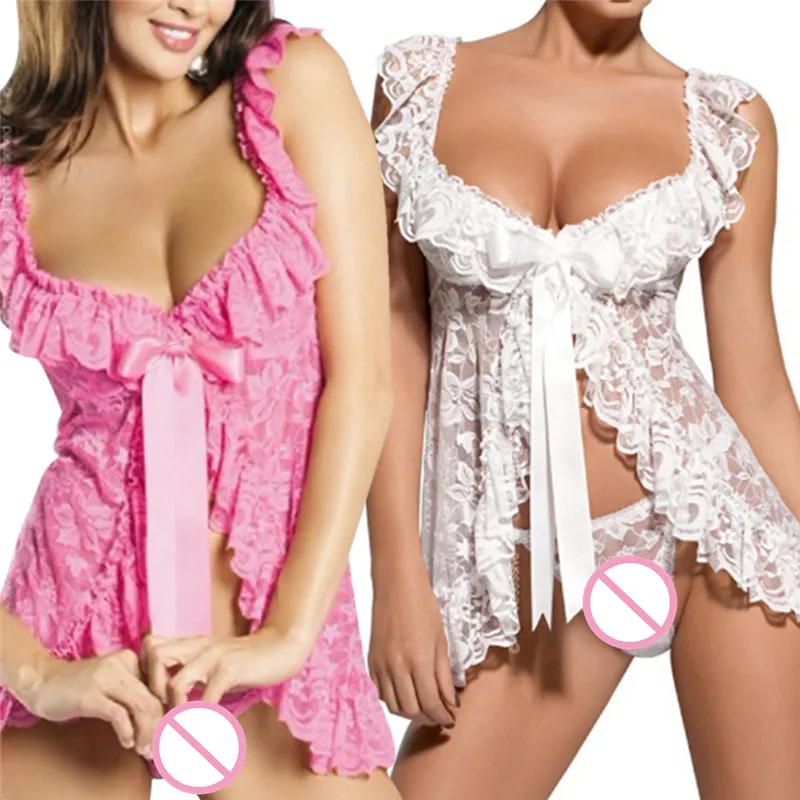 

Women Sexy colorful America Style Lingerie Front Open Sleepwear Sets Plus Size And Sexy Lace Perspective Dress + T Pants