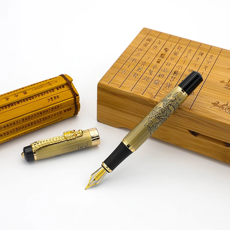 

Luxury Chinese Traditional Dragon Clip Fountain Pen Exquisite F Nib Iridium Point 0.5mm Gift Pens with Bamboo Slip and Case