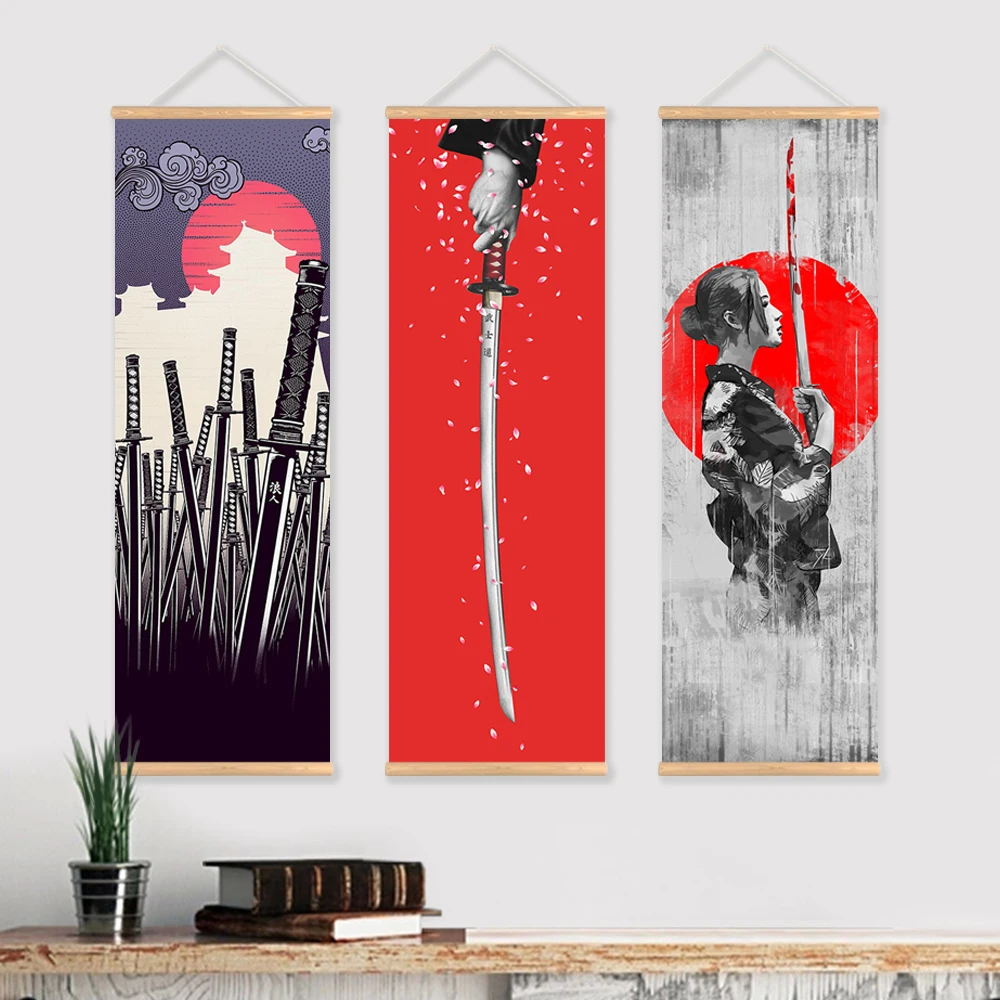 Японский самурайский свиток живопись холст печать плакат с деревянной вешалкой стены искусства гостиной спальни украшения дома
