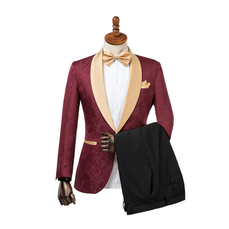 

Gwenhwyfar Jacket Pants Design Tuxedos Groom One Button Burgundy Gold Shawl Lapel Custom Made Formal Best Man Men Wedding Suit