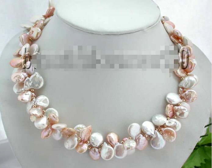 

Z727 Wonderful 2strands 12mm white pink coin Freshwater pearl Necklace