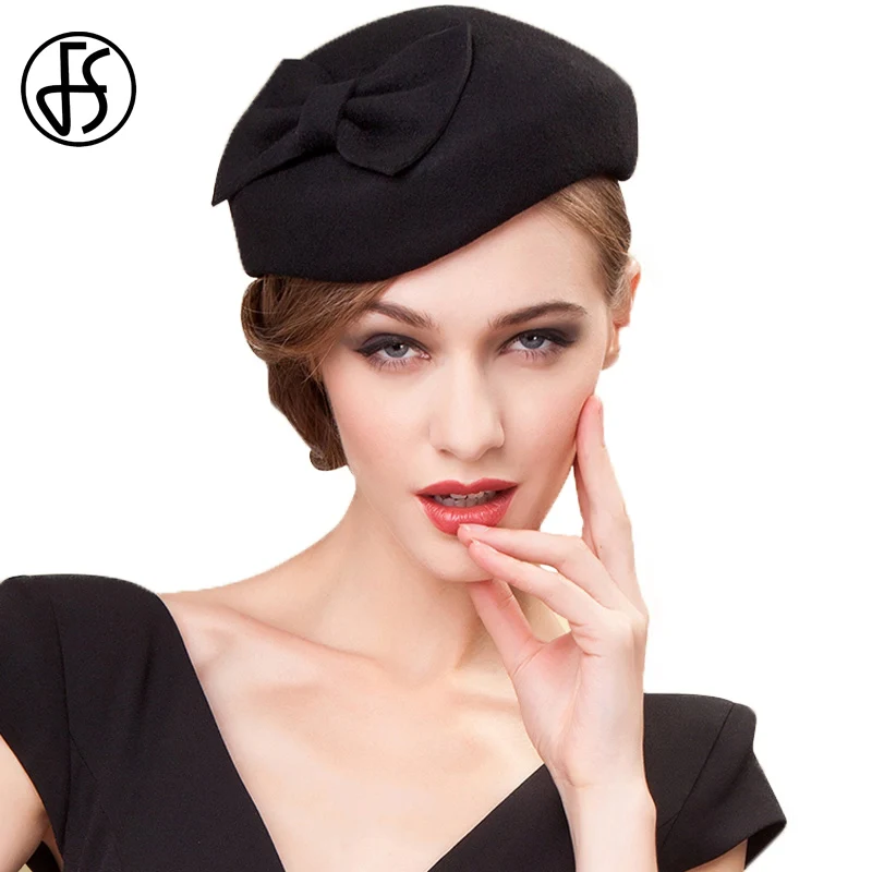 

FS negro Fascinator 100% sombreros de lana pastillero para mujer Fedora elegante señoras fieltro Bowknot boda Derby té fiesta Iglesia sombrero