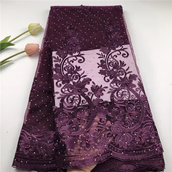 

Luxury Nigerian Beaded Lace Fabric 2019 High Quality Wedding lace Magenta Onion Color French Lace Fabric With Stones For Dresses