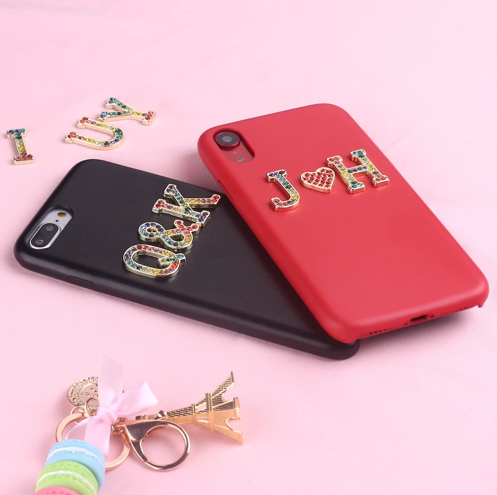 

Rhinestone Diamonds Crystal Metal Customized Initials For iPhone 6S XS Max XR 7 7Plus 8 8Plus X Smooth Slim Leather Case