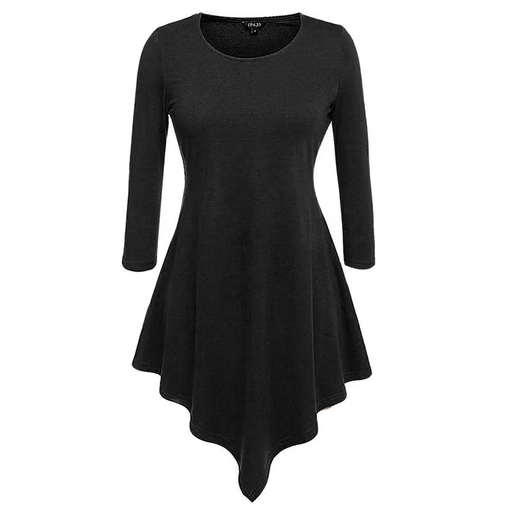 2017 Women Loose V Cut Mini Dress Top Swing O Neck 3/4 Sleeve Irregular ...