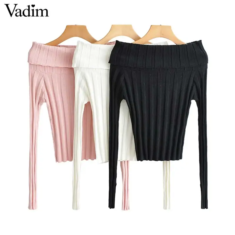 

Vadim women sweet slash neck knitted sweaters short style long sleeve stretchy pullovers female casual basic chic tops HA366