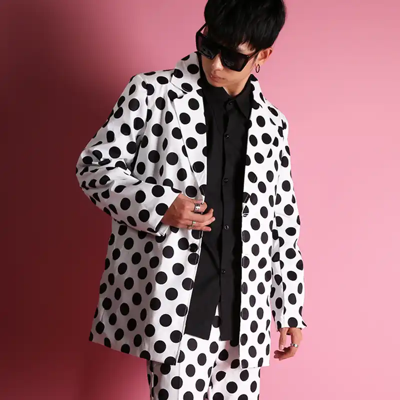 white polka dot suit