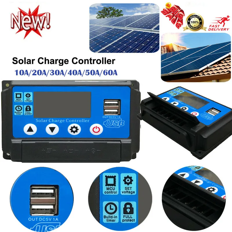 

PYMH Solar Panel Regulator Battery Charger Controller 12/24V PWM 10/20/30/40/50/60A Dual USB