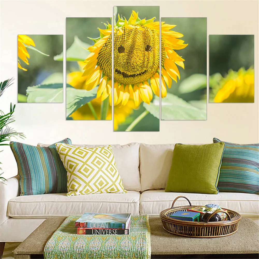 Modern Canvas Painting Sunflower Modular Smiling Face Print and Poster Wall Picture Home Decor Unique Gift Unframed 5pcs | Дом и сад