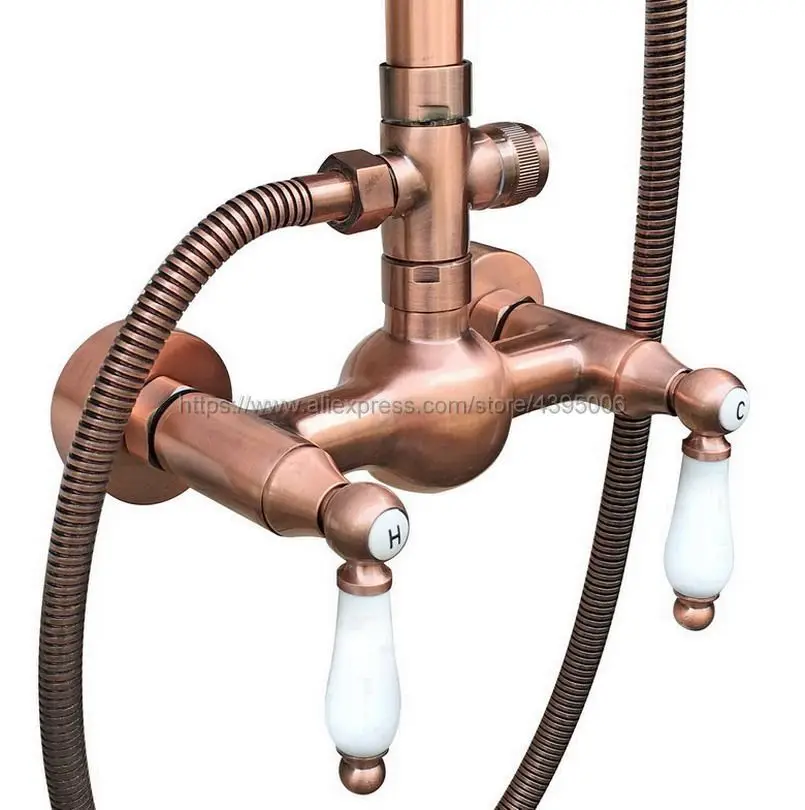 Antique Red Copper Bathroom Rainfall Shower Faucets Set Double Handle Mixer Tap Faucets Wall Mounted Bath Showers Sets Brg586