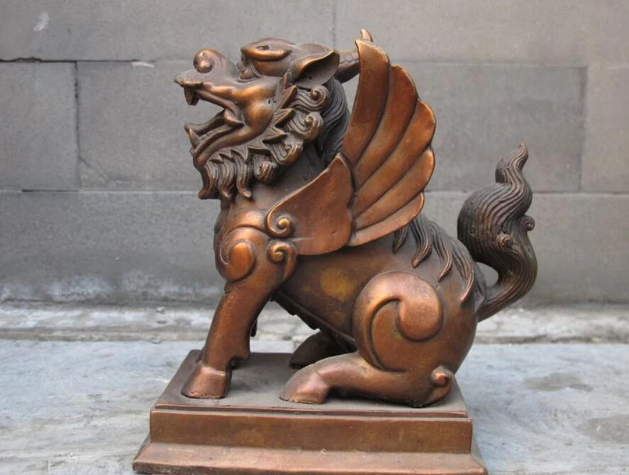 

free Chinese Feng Shui red Bronze kylin Foo Dogs Lion Avoid beast Statue fast