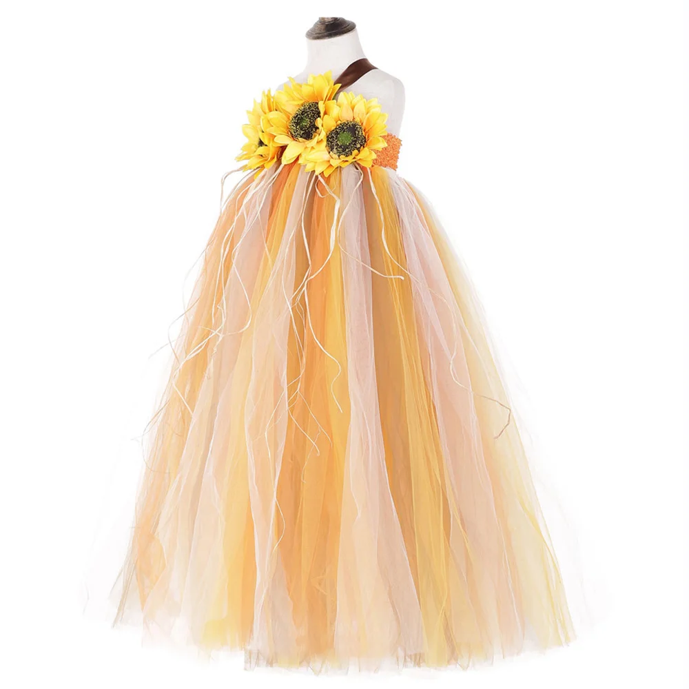 Halloween Scarecrow Costume for Girls Sunflower Dress Ankle Length Pumpkin Thanksgiving Carnival Tutu Dress Ball Gowns Children (2)