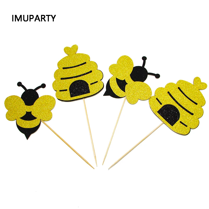 

6pcs twinkle gold black bee honeycomb cupcake toppers with stick baby shower cake decorations birthday party supplies kids