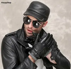 Harppihop зима Для мужчин из натуральной кожи шляпы 2018 новый бренд Модные теплые черного цвета из воловьей кожи Натуральная кожа Шапки