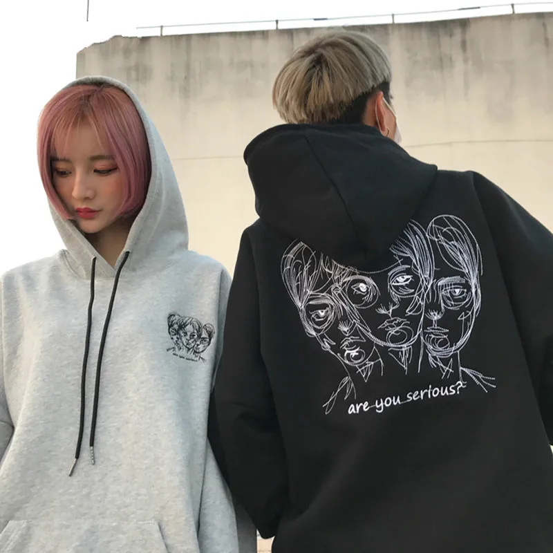 Lychee Girls Head Embroidery Hooded Fleece Sweatshirt Long Sleeve Pocket Hoodies Autumn Winter Casu