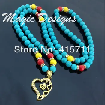 

YH-AN06 Islam Muslim Necklace Howlite Beads 24K Gold Color Heart Allah Pendant Necklace 24k Jewelry Necklace