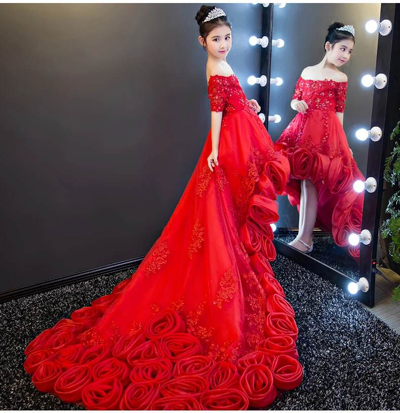 Роскошные Красные Свадебные платья с длинным шлейфом для девочек; бальное платье с открытыми плечами, расшитое блестками; детское праздничное платье с цветочным рисунком; вечерние платья