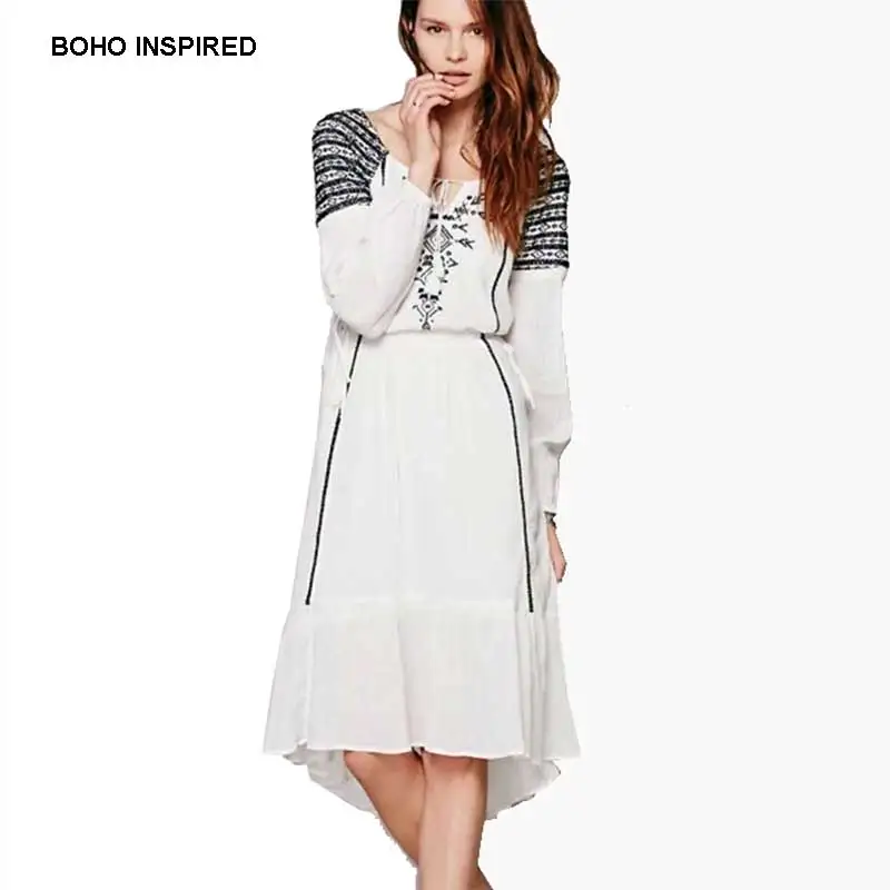 Boho вдохновленный черный узор Embroideried Асимметричный Белый Осень платья хлопок