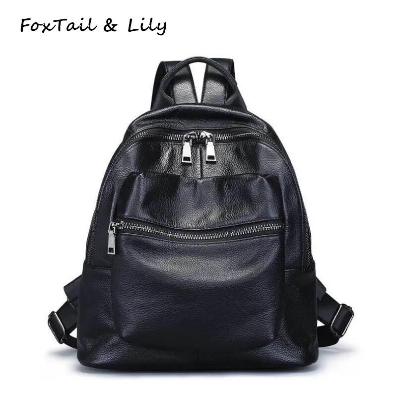 

FoxTail & Lily Double Zipper Women Backpack Genuine Leather Laptop Bag Travel Backpacks Fashionable School Bag for Teenage Girls
