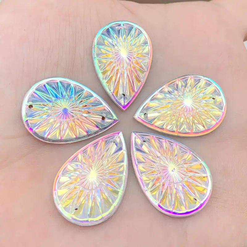 

20*30mm 12pcs Drop Resin Rhinestones Crystals and Stones Beads Flat back Sewing Buttons Sew On 2 hole -A17