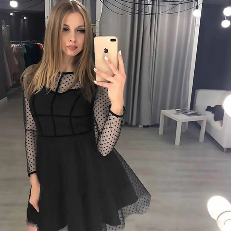 Mesh Polka Dot Lace Openwork O-Neck Sexy Dress Fashion Casual Elegant Dresses Women Party Club Summer 2019 Clothing | Женская одежда