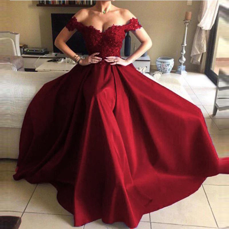 

Angel Married Off Shoulder Sweetheart Lace Appliqued Satin Prom Dresses Long Burgundy Formal Evening Gowns abschlussballkleid
