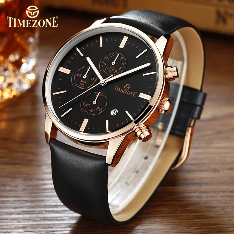 

TIMEZONE Men's Business Watch Leather Luxury Quartz Watch Waterproof Male Clock Auto Date Casual Sports Watch relogio masculino