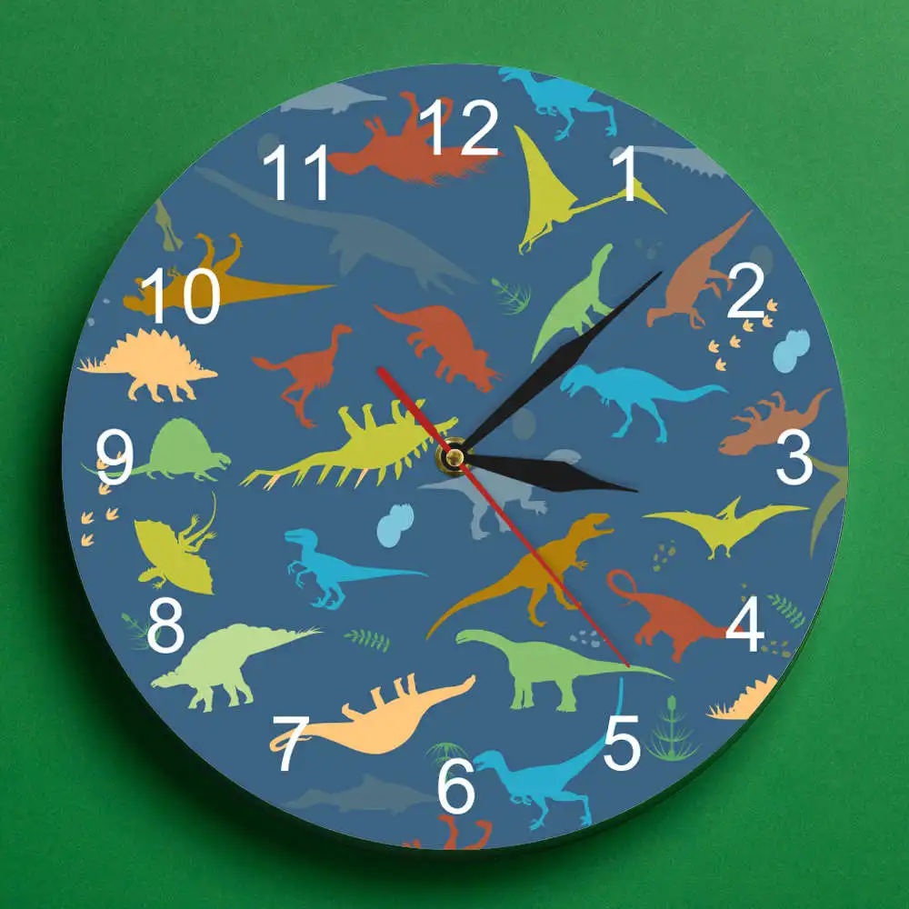 Красочные динозавры с номерами персонализированное имя современные настенные часы мир Юрского периода Динозавр Детская комната Мальчики динозавр часы настенные часы