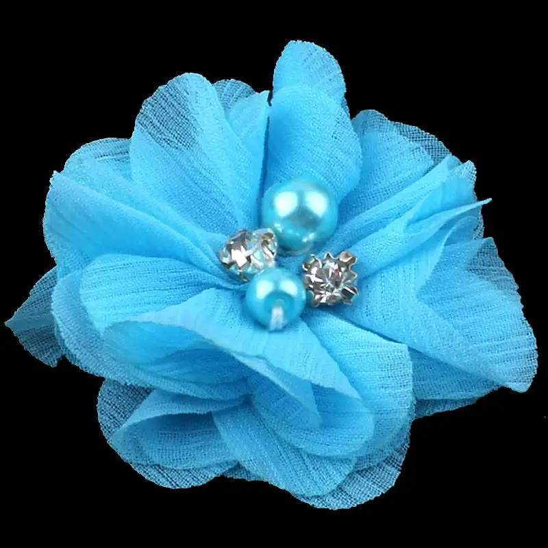 

50pcs/lot 2" 30colors Artificial Chiffon Flower+Rhinestones And Pearls For Girls Hair Accessories Fabric Flowers For Headbands