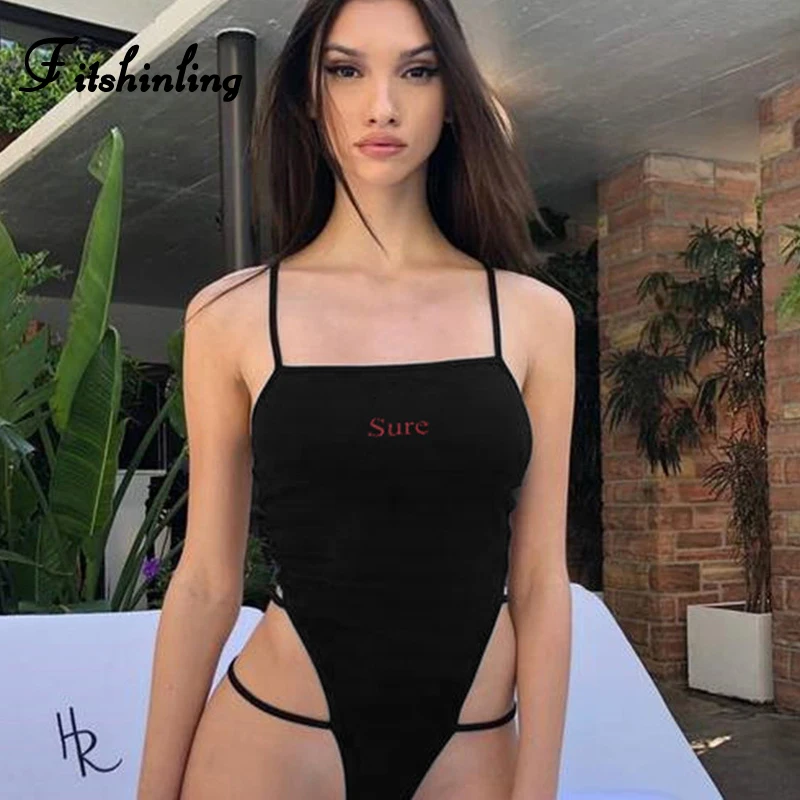 

Fitshinling Streetwear cotton bodysuit women letter print slim sexy black romper body jumpsuit skinny strap bandage bodysuits