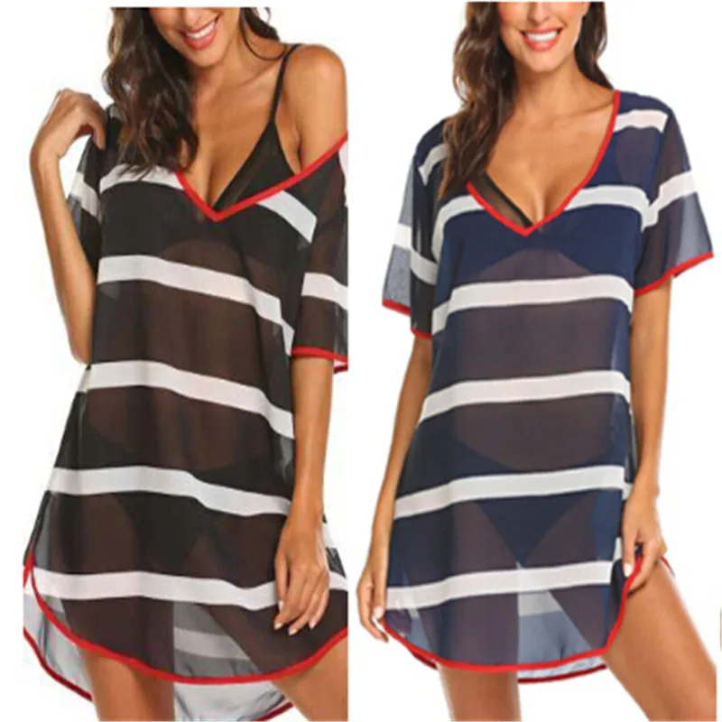 

Womens Ladies Summer Holiday Beach Sheer Chiffon Striped V neck Beach Wear Bikini Cover Up Kaftan Boho SunDress Mini Dress