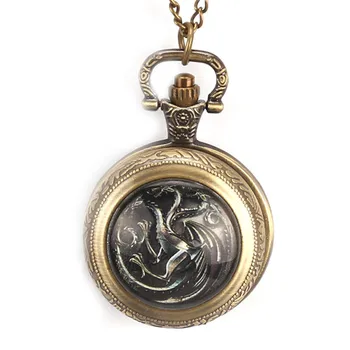 

Game of Thrones Theme Targaryen Drogan Design Fob Watches Retro Bronze House Quartz Pocket Watch Necklace Chain for Gifts