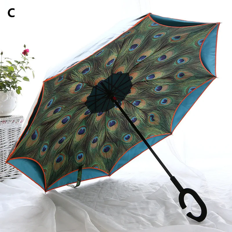 Creative inverted handle peacock Car umbrella Anti wind fiber bone