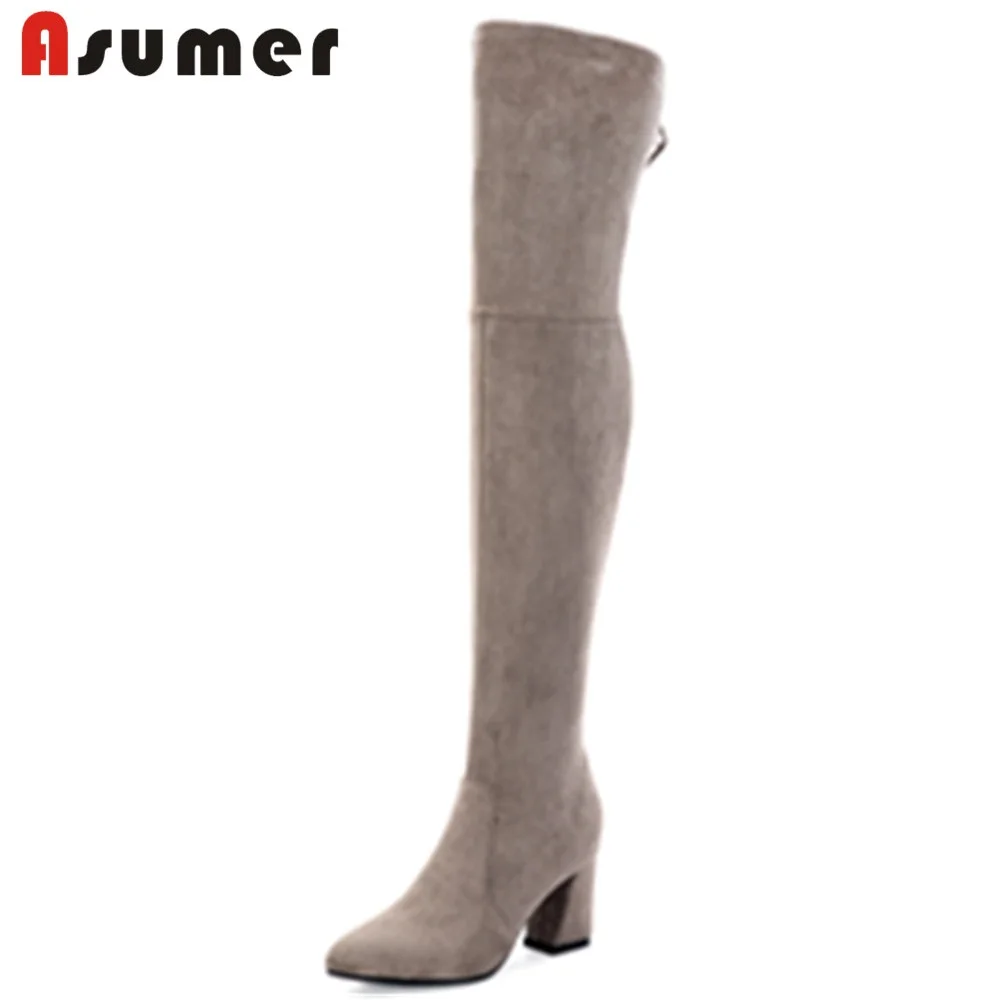 

ASUMER SIZE 33-41 2018 NEW fashion suede leather+flock over knee boots women square high heels pointed toe shoes casual shoes