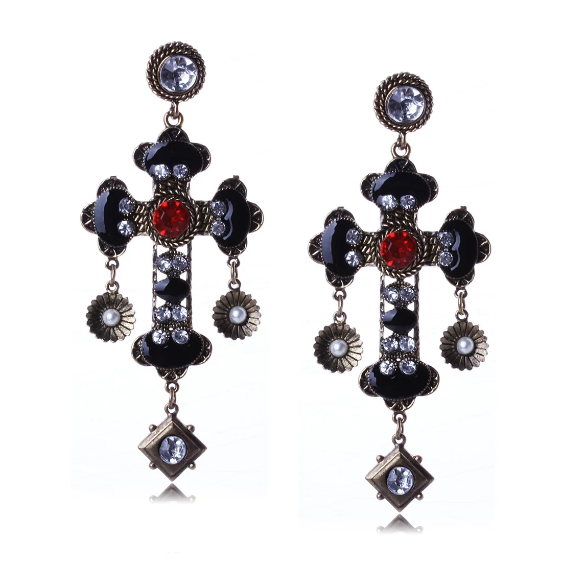 Серьги в стиле барокко с красным кристаллом и черной эмалью|earrings tribal|earrings earringpearl