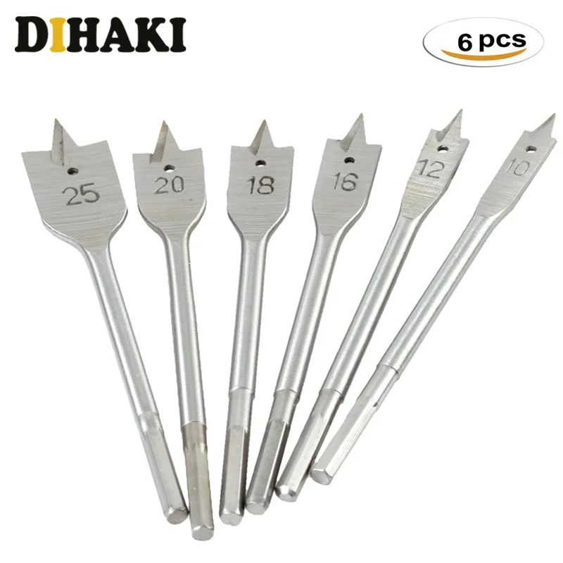 6Pcs 10 25mm Durable Flat Drill Long High carbon Steel Hex Wood Flat Drill bit set Spade Drill