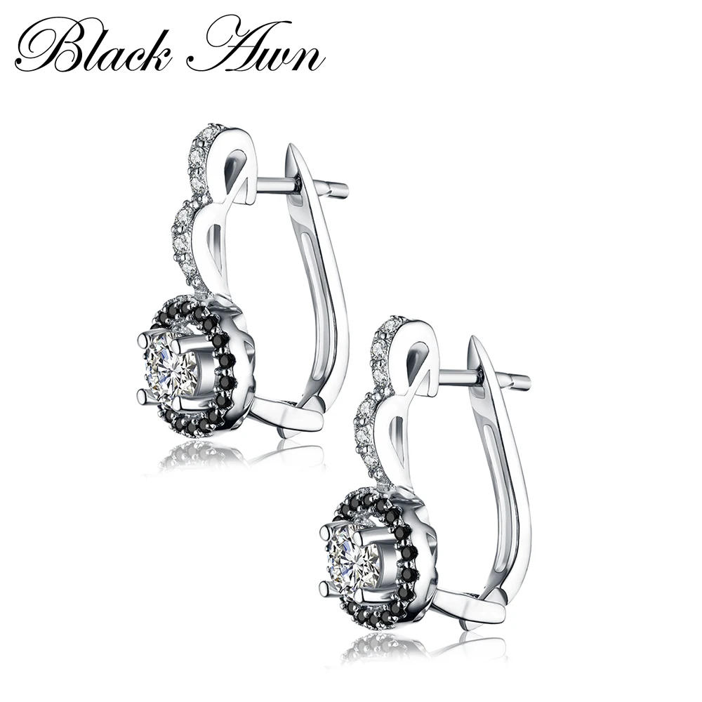 Black Awn Винтажные серьги-кольца из натуральной 925 пробы серебра для помолвки для женщин с черно-белые каменные украшения Bijoux TT001