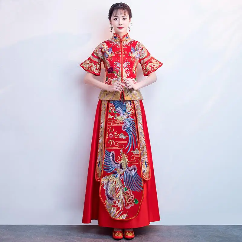 Классический воротник Мандарин Cheongsam свадебный костюм вышивка Феникс китайское свадебное платье традиционное Ципао древние Vestidos - Цвет: Short Sleeve Dress