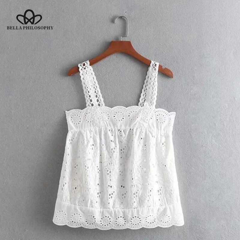 2019 Hollow Out Embroidery Camisole Summer White Cotton Tops Ruffles Hem Vacation Beach Sleeveless Tops Wonder Store