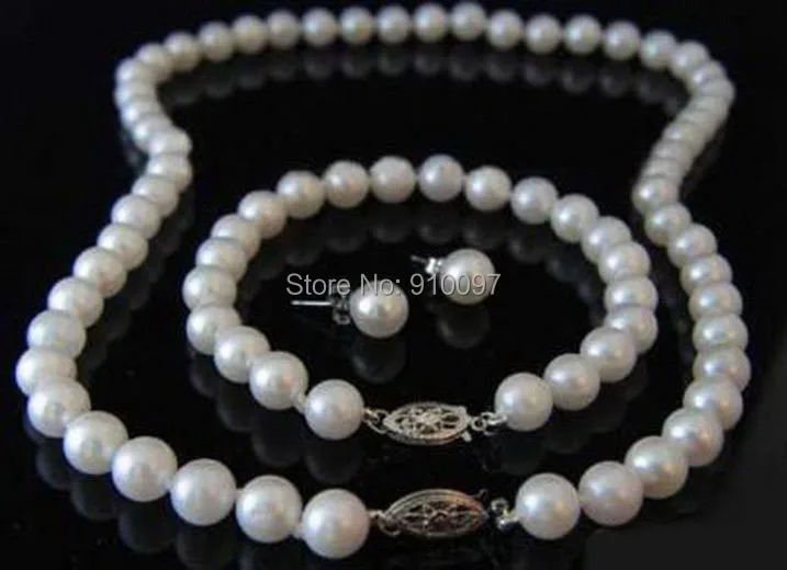 

LHX54013>>Real 8-9 mm White Pearl White natural Clasp Bracelet Earrings Necklace Set