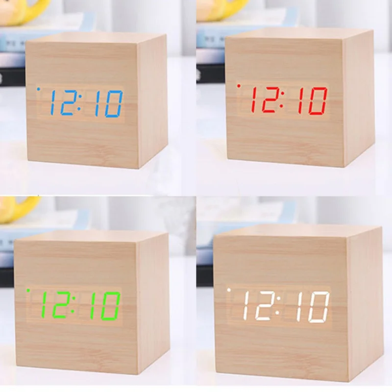 Mini LED Wood Clock Electronic Clock Wooden Alarm Clock Voice Control Luminous Bedside Table Clock Students