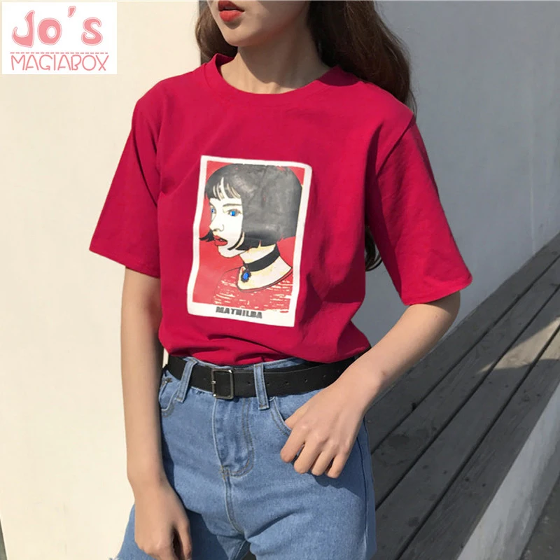 Kawii милый Mathilda Leon Профессиональный Весна и Лето Южная Корея ulzzang Harajuku стиль голова портрет свободная футболка femal