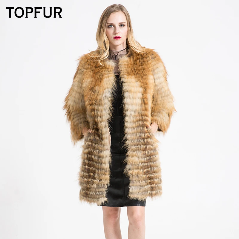 TOPFUR, новинка, натуральный Лисий мех, Женское пальто из натурального меха Золотой лисы, куртка с круглым вырезом, Длинная женская верхняя одежда, зимняя, натуральный мех, модная, роскошная
