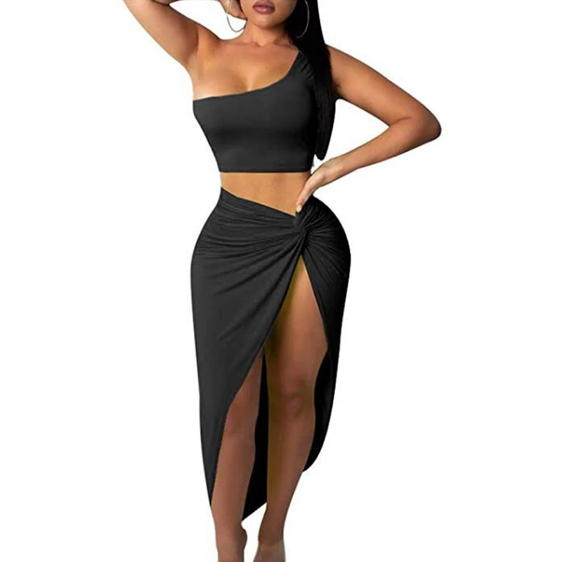 

Side Split High Waist Sexy Bodycon Dress One Shoulder Pleated Summer Two Piece Set Dress Nightclub Mini Women Dress